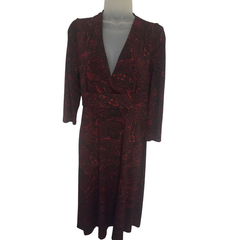 Paisley Faux Wrap Midi Dress Burgundy Black V-Neck 3/4 Sleeve